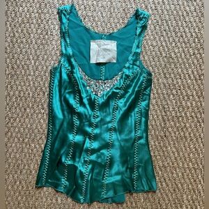 JANE LAUG Emerald Green Swarovski Crystals Silk Satin Top Size Small